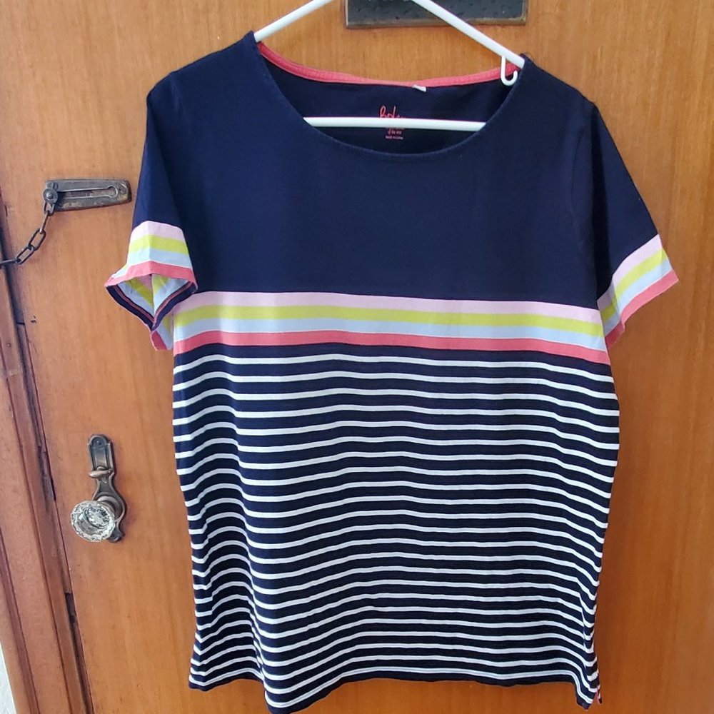 Boden Short Sleeve Breton Shirt - Size 18, Navy/Multi-Color Stripe